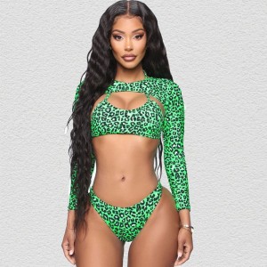 Two Piece Split Bikini Suits Personality Leopard Hollow Lace-up Top and Low Waist Trunks